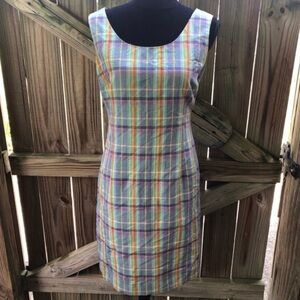 Vintage Petite Sake Linen Sleeveless Pastel Plaid Sheath Dress Size 10
